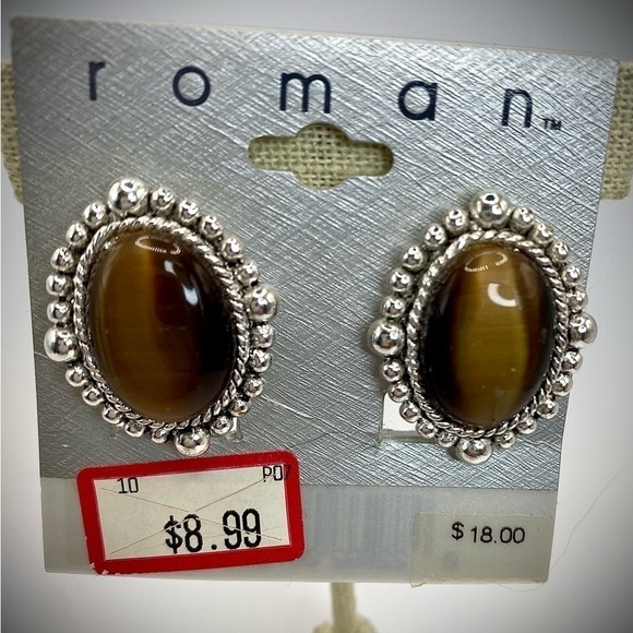 Vintage Roman tigers eye style cabochon set in silver tone clip on earrings NWT - Picture 2 of 8